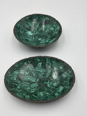 Beautiful Pair Of Antique MCM Malachite & Brass Round And Oval Trinkett Dishes.
