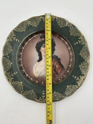 Rare Pair Of Antique 19th C Prussian Portrait Plate Green & gold Hand Painted