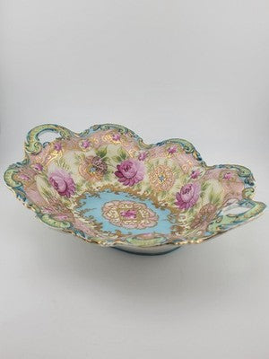 1910's Victorian German Porcelain Handled Bowl Raised Gold &Roses RS Style 11.5"