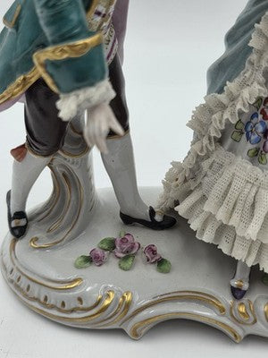 Vintage German Dresden Lace Porcelain Courting Couple Figurine Hand Painted 7.5"