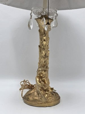 Antique Large Solid Brass Cherub Putti Table Lamp Hollywood Regency Gold. Works