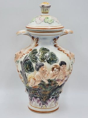 Vintage Set Of 2 Capodimonte Italy Porcelain Cherrubs Handpainted Lidded Urns.