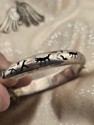 Aztec Style Mexican 925 Sterling Silver Animal Hinged Bracelet & Earrings Set