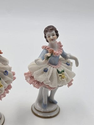 Vintage Dresden Style Porcelain Lace Ballerina Dancer Figurines Pair German 4"