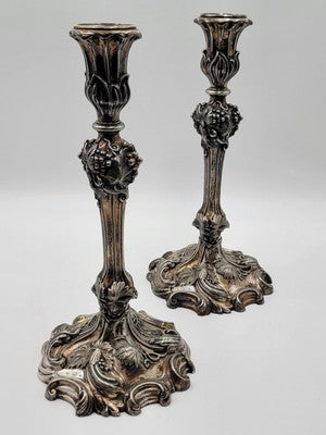 Rare Pair of Antique 1857 English Victorian Silver Plated Elkington Candlesticks