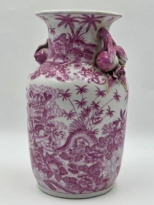 Vintage Chinese Porcelain Pink Chinoiserie Vase w Pommegranate Flowered Handles