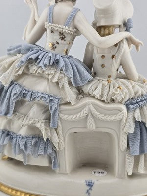 Antique Sitzendorf Dresden Lace Figurine 2 Victorian Ladies Germany Porcelain