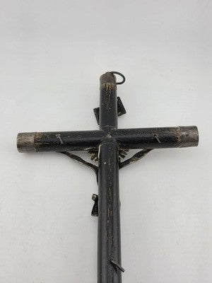 Antique 19th C Crucifix Metal Jesus On Wood Cross W Rare Tips Memento Mori Skull