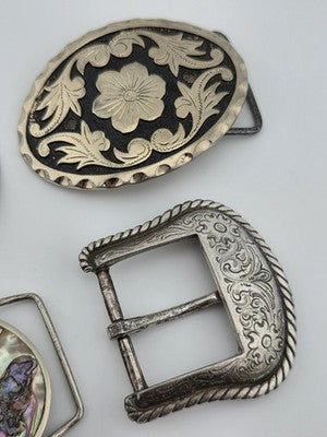 Vintage Western Belt Buckle Lot Abalone Mexico Stone Floral Cowboy 4 Pc Lot.