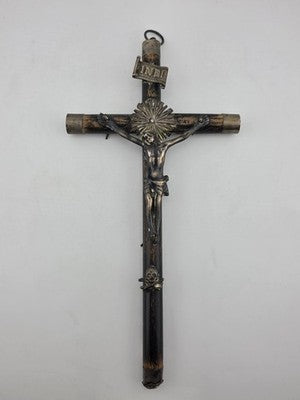 Antique 19th C Crucifix Metal Jesus On Wood Cross W Rare Tips Memento Mori Skull