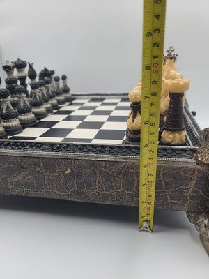 Rare Vintage Large Renaissance Style Resin Chess Set w Drawer Medieval Board 16”