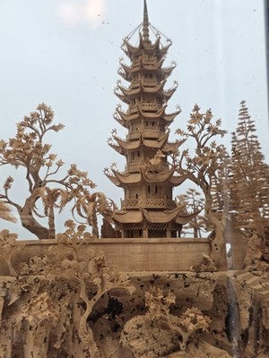 Large Scale Antique Chinese Carved Cork Diorama in Ebonised Glass Display Case