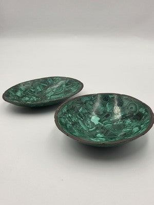 Beautiful Pair Of Antique MCM Malachite & Brass Round And Oval Trinkett Dishes.