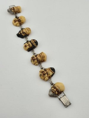 Antique Japanese Figural Face Bracelet Carved Bon Seven Gods Meiji Era. Signed.
