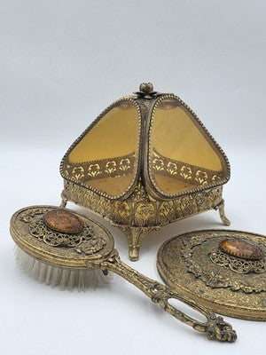 Antique Ornate Gilt Ormolu Vanity Set Amber Glass Jewelry Casket Mirror Brush