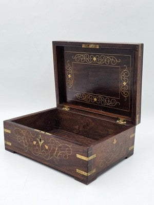 RARE ANTIQUE 19th C COLONIAL ROSEWOOD & FULL BRASS INLAY JEWELRY BOX.