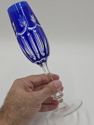 Vintage Ajka Rene Cobalt Blue Cut to Clear Crystal Champagne Flutes Rare Pattern