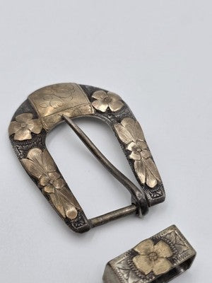 Antique K.W. Driskell Sterling Silver 10K Solid Gold Overlay Belt Buckle & Slide