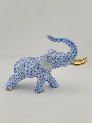 Herend Blue Fishnet Charging Elephant Figurine VHB Artist Signed Vecsey Tamas