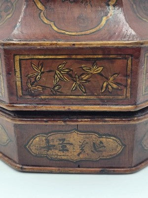 Early 19th C Chinese Qing Dynasty Red Lacquer Wedding Gift Basket Gilt Figures