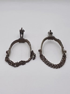 Antique Western Cowboy Spurs Pair Hand Engraved Red Inlay Steel w/ Chains