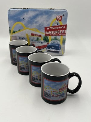 McDonalds Tin With Set Of 4 Coffee Mugs Cups 15 Cent Hamburger Retro MCM