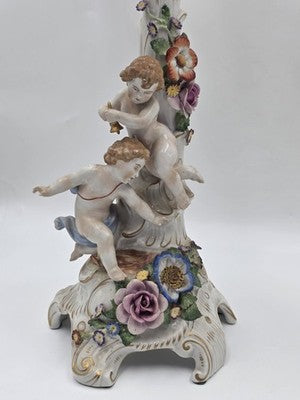 Rare 19th C Antique Pair Schierholz Dresden Porcelain Cherub Floral Candelabras