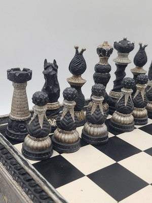 Rare Vintage Large Renaissance Style Resin Chess Set w Drawer Medieval Board 16”