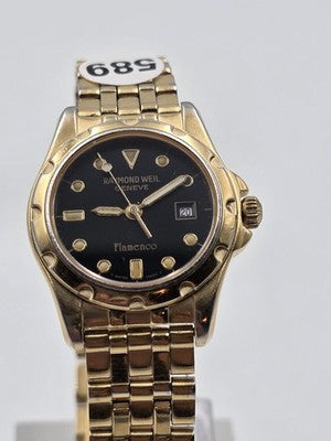 Vintage Raymond Weil Flamenco 5370 Swiss Quartz Black Dial Gold Tone Watch Works