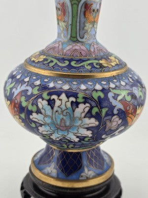 Rare Vintage Chinese Cloisonne Enamel Butterfly Floral Vase w Wood Stand Blue