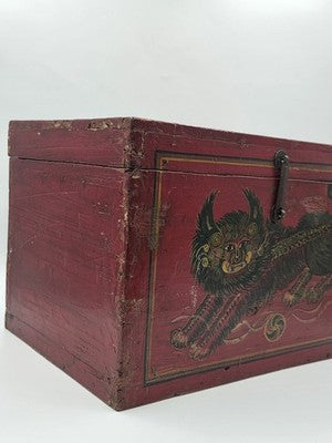 Rare XL Antique 19th C Distressed Tibetan Style Foo Dog Lion Storage Chest Box.
