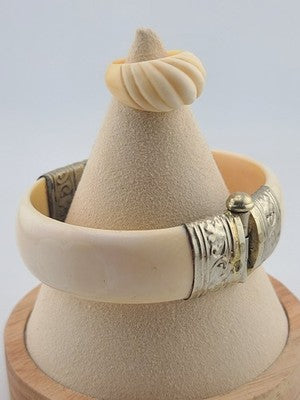 Rare Antique Set Of Bone Bracelet & Ring Intricate Hand Tooled Sterling Silver