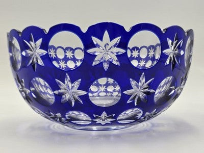 Rare Vintage Bohemian Hand Cut Crystal Glass Blue to Clear bowl SIGNED 8.75”