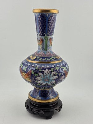 Rare Vintage Chinese Cloisonne Enamel Butterfly Floral Vase w Wood Stand Blue