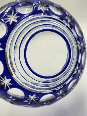 Rare Vintage Bohemian Hand Cut Crystal Glass Blue to Clear bowl SIGNED 8.75”