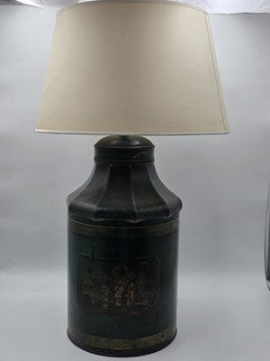 ULTRA RARE 19TH C. HAND PAINTED ENGLISH CHINOISERIE GREEN TOLE TEA CANISTER LAMP