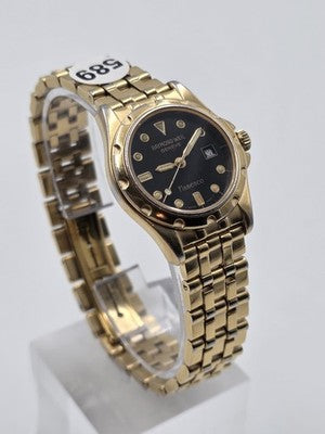 Vintage Raymond Weil Flamenco 5370 Swiss Quartz Black Dial Gold Tone Watch Works