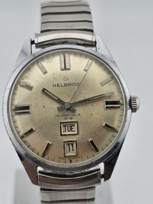 Rare Collectible Vintage HELBROS Invincible St. Steel Day Date Mens Watch. Works