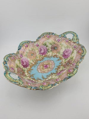 1910's Victorian German Porcelain Handled Bowl Raised Gold &Roses RS Style 11.5"