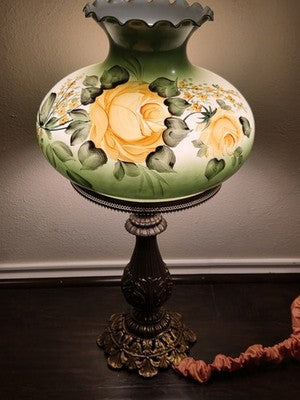 Antique Victorian Style Hurricane Lamp Electric Floral Shade Ornate Brass Base