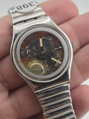 Vintage 1980's Swatch Skeleton Quartz Swiss Watch Expandable Band Runs. New Bat.