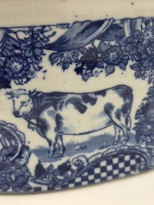 Pair XL Blue White Transferware Cachepot Jardiniere Planters Farm Animal Decor