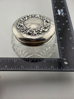 Antique Watson Sterling Silver Floral Lid Cut Crystal Vanity Jar C1900 Fine 925