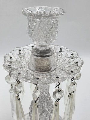 VINTAGE DUNCAN MILLER AMERICAN SANDWICH PAIR CANDLESTICKS W/BOBECHES AND PRISMS
