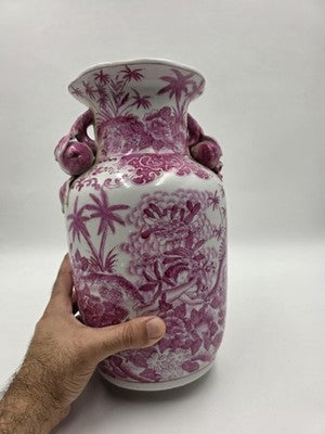 Vintage Chinese Porcelain Pink Chinoiserie Vase w Pommegranate Flowered Handles