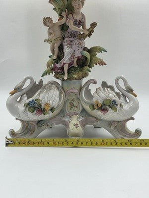 Rare Antique German Dresden Porcelain Figural Lamp Lady Cherub Swans 29"