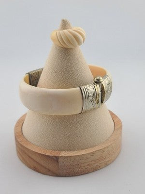 Rare Antique Set Of Bone Bracelet & Ring Intricate Hand Tooled Sterling Silver
