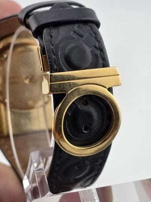 Salvatore Ferragamo Swiss Made Gold Plated Leather Watch Diamond Markers. Works.