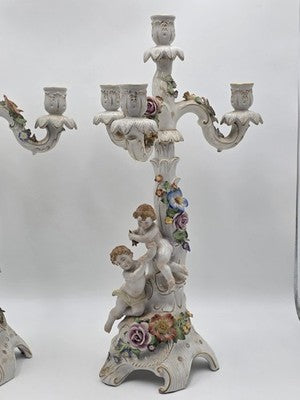 Rare 19th C Antique Pair Schierholz Dresden Porcelain Cherub Floral Candelabras