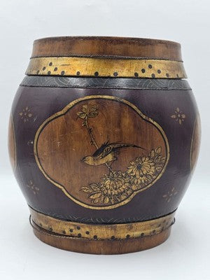 Antique Asian Hand Painted Rice Barrel Wooden Lidded Storage Bucket Bird Pagoda
